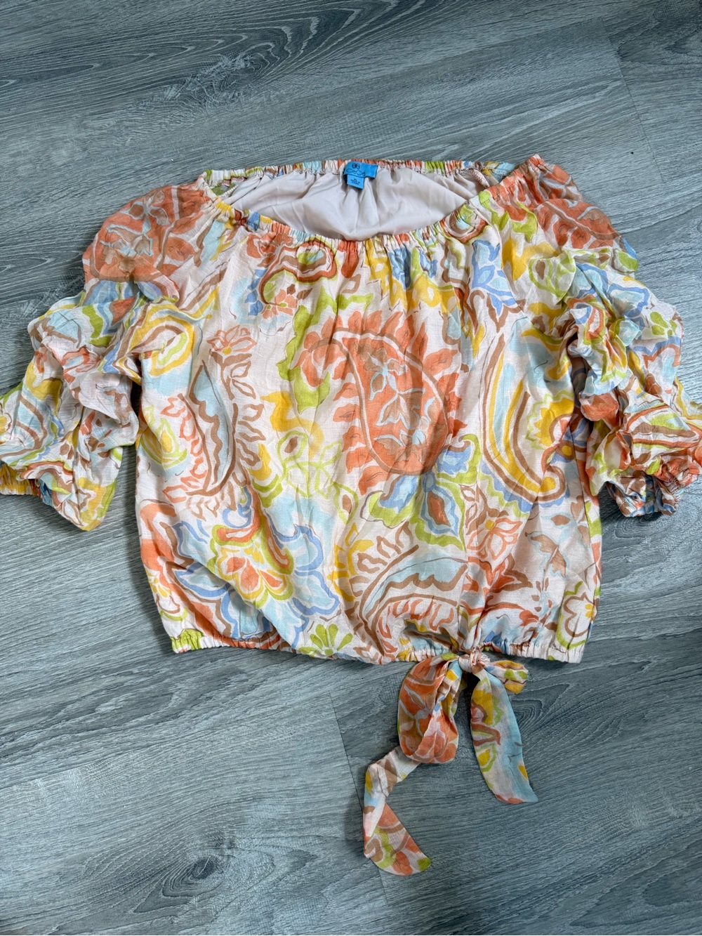 CeCe Paisley Floral Off-Shoulder Tie-Hem‎ Top Peasant
